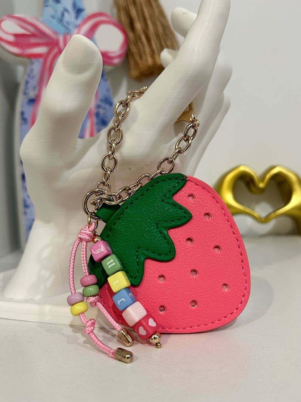 Juicy Couture Pink & Green Strawberry Keychain Charm with Gold Chain and Mirror